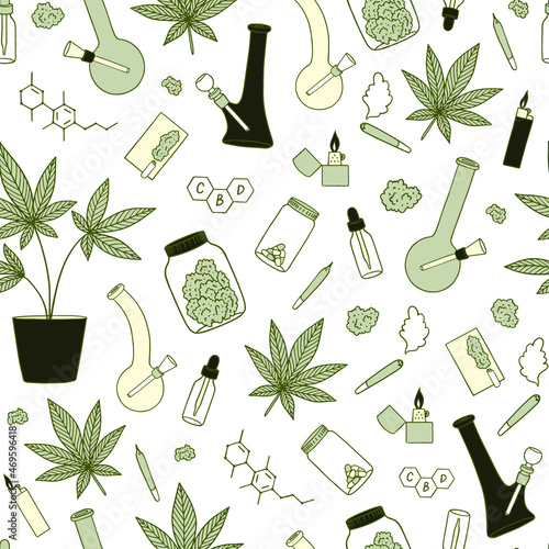 Hemp oil serum in glass dropper bottle with cannabis leaves and CBD formula. Marijuana seamless vector pattern. Weed background