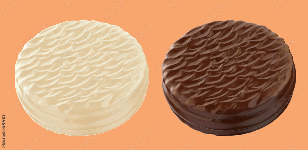 Choco pie chocolate biscuits with marshmallow isolated background. 3d