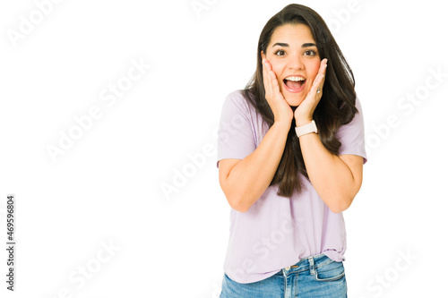 Cheerful woman with her mouth open