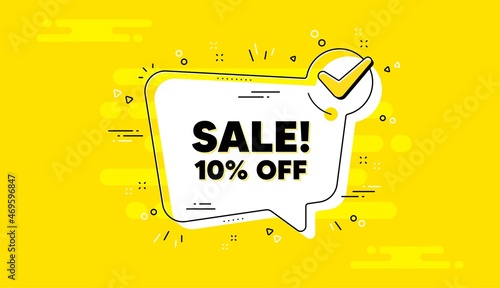 Sale 10 percent off discount. Check mark yellow chat banner. Promotion price offer sign. Retail badge symbol. Sale approved chat message. Checklist background. Vector