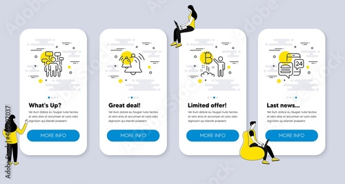 Set of Technology icons, such as Bell, Voting campaign, Bitcoin project icons. UI phone app screens with people. Food app line symbols. Alarm bell, People rally, Cryptocurrency startup. Vector