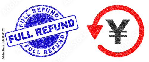 Low-Poly polygonal yen refund icon illustration with Full Refund grunge seal print. Blue stamp contains Full Refund caption inside round shape. Yen refund icon filled with triangle mosaic.