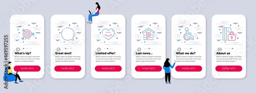 Set of Business icons, such as Smile face, Speech bubble, Parking icons. UI phone app screens with teamwork. Disability, Target, Blocked card line symbols. Love heart, Chat message, Garage. Vector
