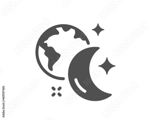 Sleep quality icon. Night internet sign. Planet with moon symbol. Classic flat style. Quality design element. Simple sleep icon. Vector