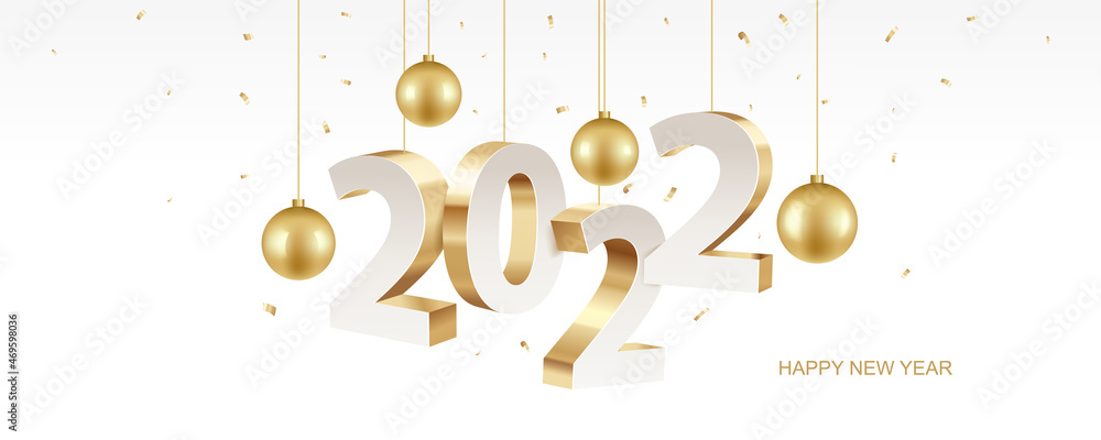 Happy new year 2022. Golden 3D numbers with Christmas decoration and confetti on a white background. Holiday greeting card design. - obrazy, fototapety, plakaty 
