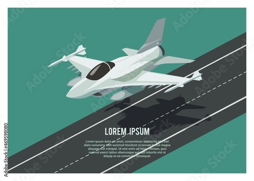 Fighter jet plane flying over the runway in isometric view.