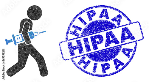 Low-Poly polygonal vaccine courier symbol illustration with Hipaa corroded stamp seal. Blue seal includes Hipaa text inside circle shape. Vaccine courier icon is filled with triangle mosaic.
