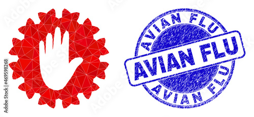 Low-Poly polygonal stop hand coronavirus icon illustration with Avian Flu dirty stamp seal. Blue stamp seal includes Avian Flu tag inside circle shape.