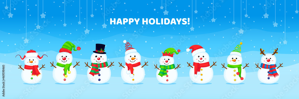 Set of Christmas vector cute snowmen in different hats and scarves. New year illustration.