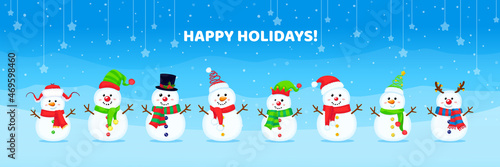 Set of Christmas vector cute snowmen in different hats and scarves. New year illustration.
