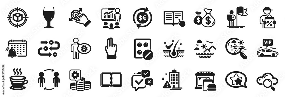 Set of Business icons, such as Vip transfer, Anti-dandruff flakes, Beer glass icons. Online voting, Workflow, Search flight signs. Coins bags, Medical tablet, Book. Coffee cup, Leadership. Vector
