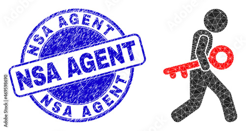 Lowpoly triangulated key burglar icon illustration with NSA Agent dirty seal. Blue stamp seal has NSA Agent title inside round it. Key burglar icon is filled using triangle mosaic.