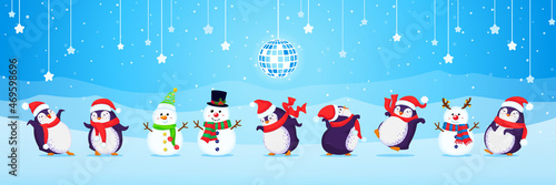 Banner made with set of Christmas hand drawn cute dancing penguins.