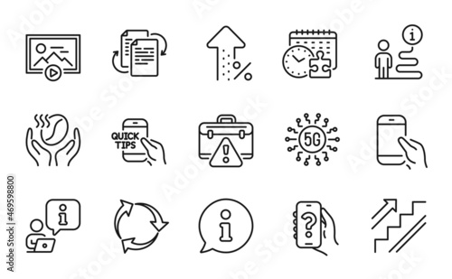 Business icons set. Included icon as Hold smartphone, Education, 5g technology signs. Coffee, Help app, Increasing percent symbols. Puzzle time, Recycle, Bureaucracy. Stairs line icons. Vector