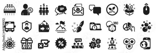 Set of Business icons  such as Cogwheel  Find user  Text message icons. Gear  Clean bubbles  Checkbox signs. Speech bubble  Security agency  Meeting. Discount  Gift box  Online voting. Bus. Vector