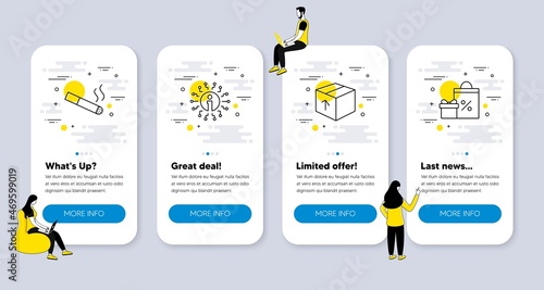 Vector Set of line icons related to Package, Smoking and Info icons. UI phone app screens with people. Shopping line symbols. Delivery pack, Cigarette, Information. Gifts and sales. Vector