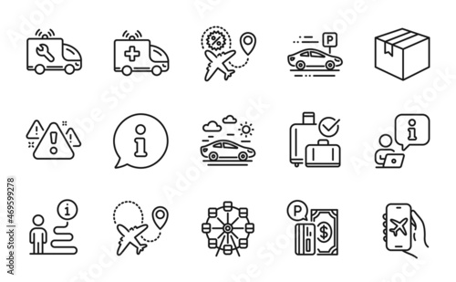 Transportation icons set. Included icon as Parking payment, Car travel, Flight sale signs. Car service, Ferris wheel, Parcel symbols. Flight mode, Warning, Airplane. Baggage reclaim. Vector
