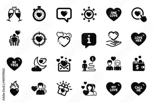 Vector Set of Love icons related to My love, Heart and Be true icons. Love gift, Call me and Valentine target signs. Like button, Hold heart and Couple. Heartbeat timer, Champagne glasses. Vector