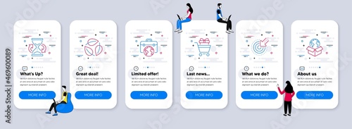 Business icons set. UI phone app screens with teamwork. Included icon as Shopping trolley, Hourglass, Targeting signs. Leaves, Businessman case, Delivery service line icons. Vector