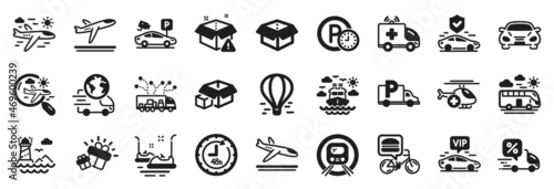 Set of Transportation icons, such as Medical helicopter, Ship travel, Lighthouse icons. Bumper cars, Bus travel, Ambulance car signs. Arrivals plane, Vip transfer, Car. Delivery warning. Vector