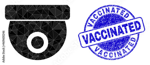 Lowpoly polygonal CCTV camera icon illustration with Vaccinated textured stamp seal. Blue seal contains Vaccinated text inside round shape. CCTV camera icon is filled with triangle mosaic.
