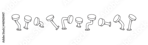 Bent cartoon old vector line nails, metal rusty spike, steel crooken pin. Black and white carpentry set outline design. Construction illustration