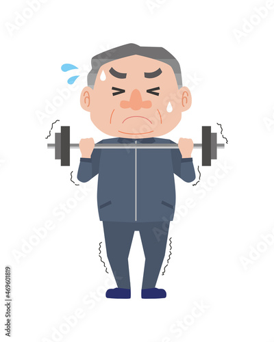 バーベルで筋力トレーニングをする中年男性