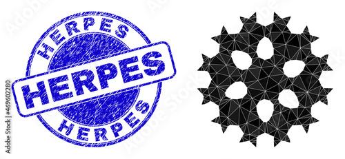 Lowpoly polygonal virus cell icon illustration with Herpes grunge stamp seal. Blue stamp seal contains Herpes text inside round it. Virus cell icon filled with triangle mosaic.