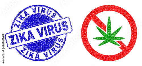 Low-Poly triangulated stop cannabis symbol illustration with Zika Virus grunge stamp seal. Blue stamp includes Zika Virus tag inside round form. Stop cannabis icon is filled using triangle mosaic.
