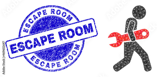 Low-Poly polygonal spanner robber icon illustration with ESCAPE ROOM textured stamp seal. Blue stamp seal includes Escape Room title inside circle shape. Spanner robber icon filled using triangles.
