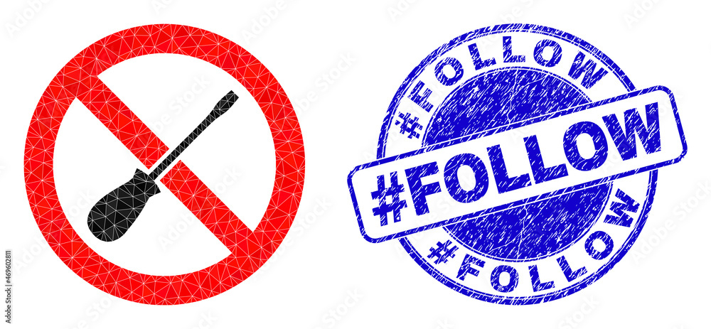 Low-Poly triangulated stop screwdriver tuning 2d illustration with #Follow scratched stamp. Blue stamp contains #Follow tag inside round form. Stop screwdriver tuning icon filled with triangle mosaic. Low-Poly triangulated stop screwdriver tuning 2d illustration with #Follow scratched stamp. Blue stamp contains #Follow tag inside round form. Stop screwdriver tuning icon filled with triangle mosaic.