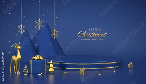 Christmas Scene and 3D round platform with gold circle on blue background. Blank Pedestal with deer, snowflakes, balls, gift boxes, golden metallic cone shape pine, spruce trees. Vector illustration.