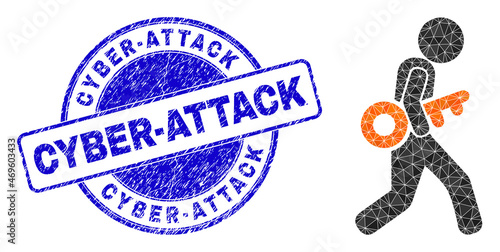 Low-Poly polygonal thief steal key symbol illustration with Cyber-Attack grunge seal print. Blue stamp includes Cyber-Attack caption inside circle form.