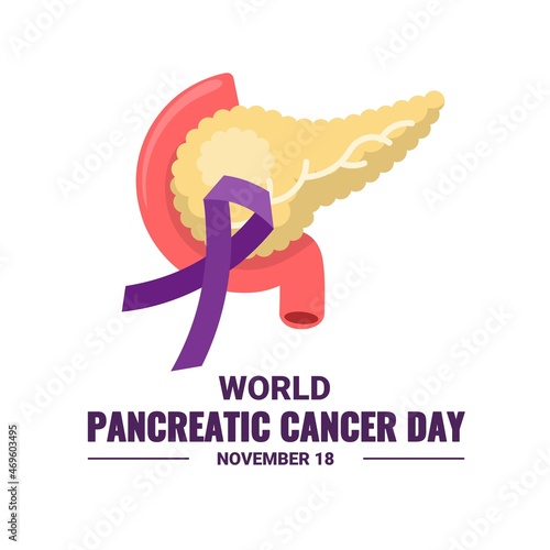 Vector illustration, pancreas with ribbon, as banner or poster, World Pancreatic Cancer Day.