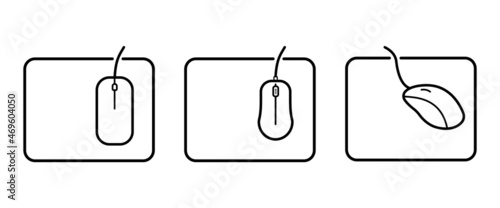 Computer mouse on a mouse pad. Vector line icon set. Black outline isolated on a white background