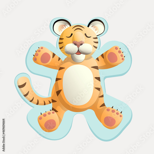 A cute tiger character lies in the snow leaving a trail of an angel. Vector flat style with gradient.