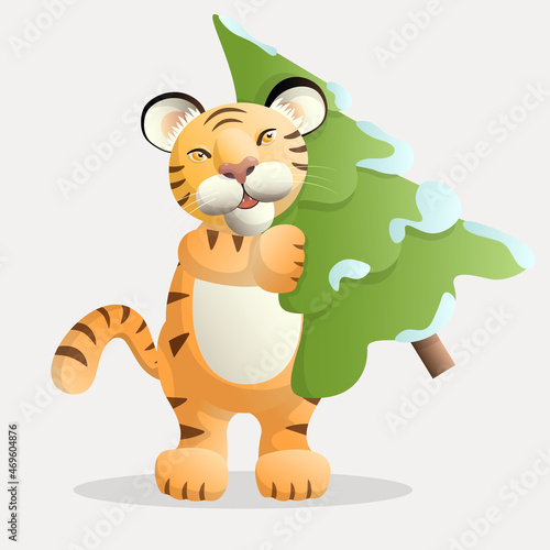 A joyful tiger character walks with a Christmas tree in its paws.