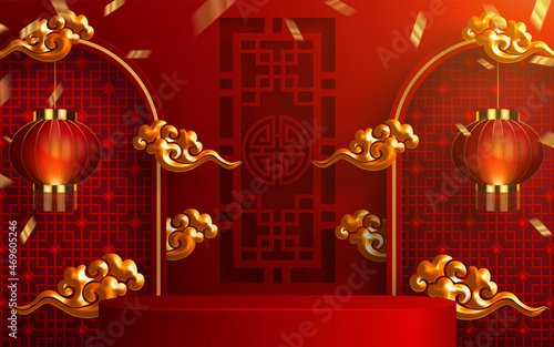 3d Podium round, square box stage podium and paper art Chinese new year,Chinese Festivals, Mid Autumn Festival, red paper cut, fan, flower and asian elements with craft style on background.
