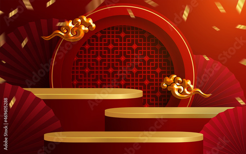 3d Podium round, square box stage podium and paper art Chinese new year,Chinese Festivals, Mid Autumn Festival, red paper cut, fan, flower and asian elements with craft style on background.
