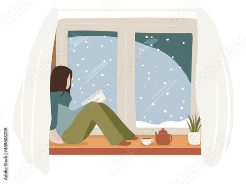 Woman reading book sitting on the window still, snowfall. Cozy home interior. Winter season concept flat vector illustration. 