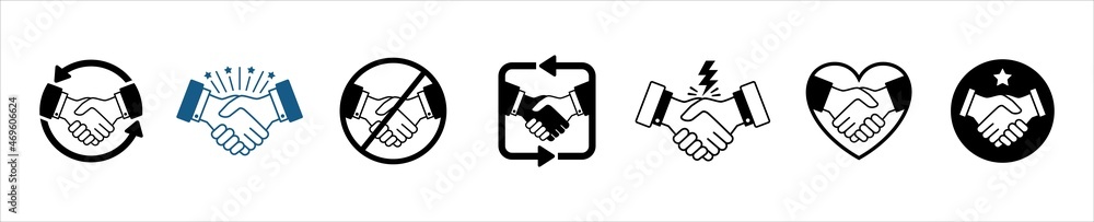 Handshake icon set. Business agreement vector icons. Contains such symbol as no handshake, forbidden, job deal, mutual relationship, cooperation, partnership, greeting, welcome and friendly. Handshake icon set. Business agreement vector icons. Contains such symbol as no handshake, forbidden, job deal, mutual relationship, cooperation, partnership, greeting, welcome and friendly.