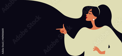Modern illustration of beautiful brunette with long hair in profile. Template for cards, greetings, flyer, banner for beauty salon, hair salon or Women's Day, 8th March. 
