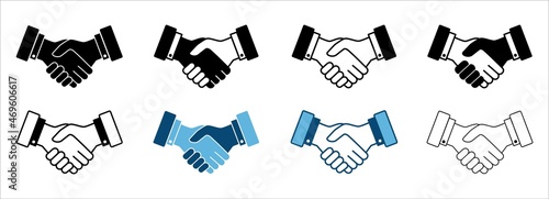 Handshake icon set. Business agreement vector icons. Symbol of job deal, mutual relationship, cooperation, partnership, professionalism, greeting, welcome and friendly.