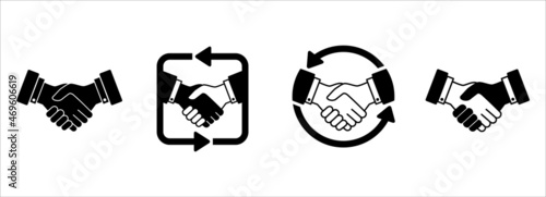 Handshake icon set. Business agreement vector icons. Symbol of job deal, mutual relationship, cooperation, partnership, greeting, and friendly. Graphic design of handshake with two way arrow loop.