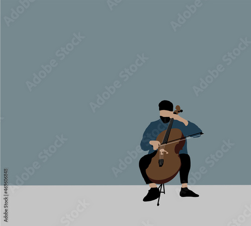 Man with face mask playing cello classical music instrument in the street of big city. Vector flat style cartoon illustration isolated.