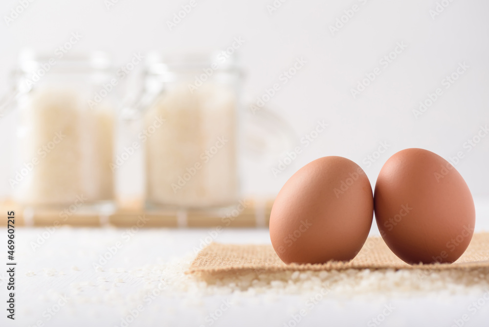 Organic farm-fresh eggs and Japanese rice are local food cultures in Asia, used as a simple staple in healthy diets. Organic farm-fresh eggs and Japanese rice are local food cultures in Asia, used as a simple staple in healthy diets.