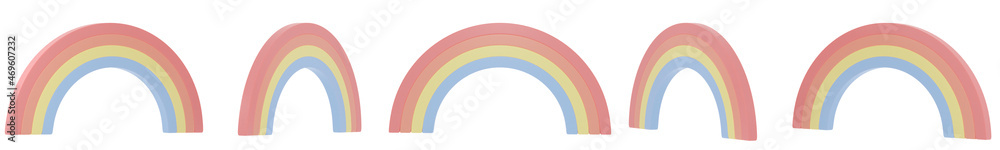 Obraz premium 3D Rendering set of pastel rainbow in many views rotate in different angles isolated on white background. 3D Render. 3d illustration.