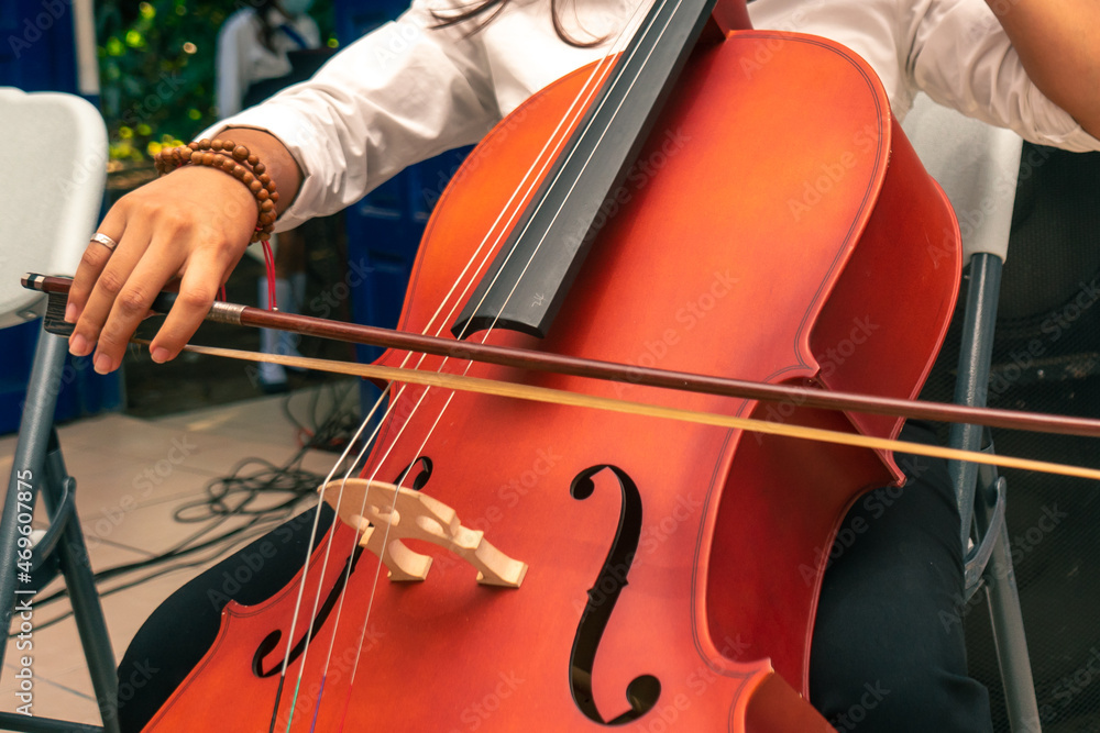 Hispanic girl having music lessons of cello during coronavirus pandemic. Hispanic girl having music lessons of cello during coronavirus pandemic.