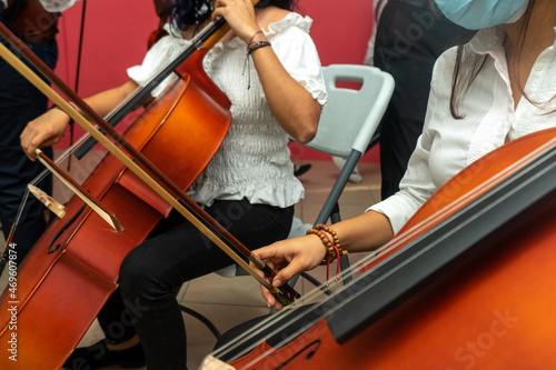 Fototapeta Hispanic girl having music lessons of cello during coronavirus pandemic