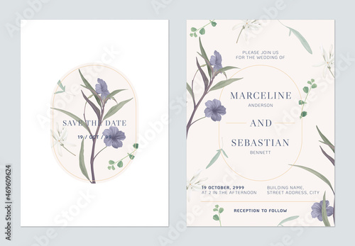 Floral wedding invitation card template design  Ruellia tuberosa flowers and leaves on brown